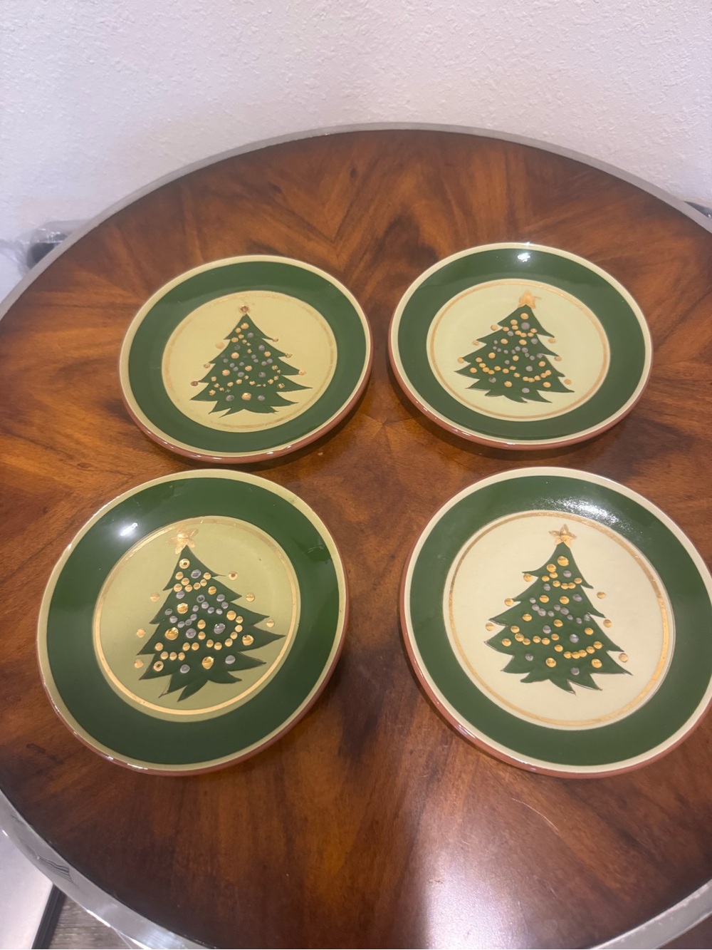 Rare 4 Stangle Jewelled Christmas Tree Dessert Plates / Bread Plates Hand Made